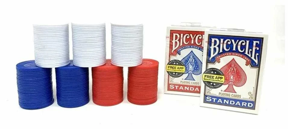 Bicycle besisukantis pokerio žetonų (poker chip rack) stovas su rankena, 200x žetonų, 2 kortų kaladėlės