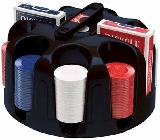 Bicycle besisukantis pokerio žetonų (poker chip rack) stovas su rankena, 200x žetonų, 2 kortų kaladėlės