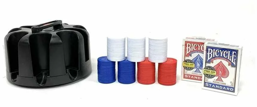 Bicycle besisukantis pokerio žetonų (poker chip rack) stovas su rankena, 200x žetonų, 2 kortų kaladėlės