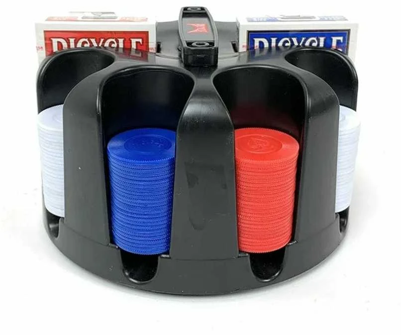 Bicycle besisukantis pokerio žetonų (poker chip rack) stovas su rankena, 200x žetonų, 2 kortų kaladėlės