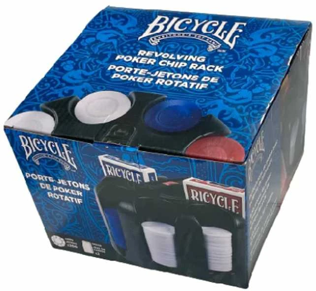 Bicycle besisukantis pokerio žetonų (poker chip rack) stovas su rankena, 200x žetonų, 2 kortų kaladėlės