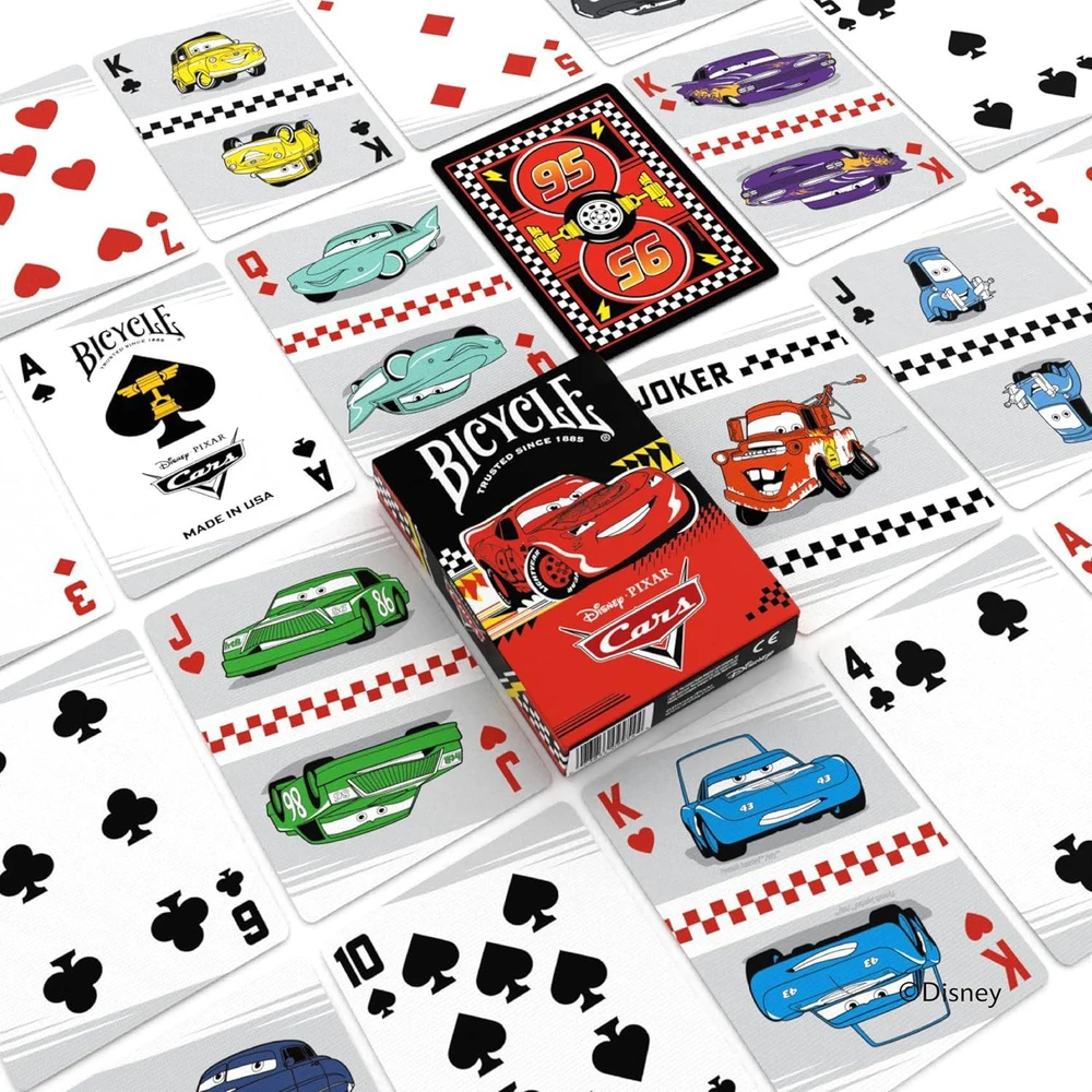 Bicycle Disney Cars žaidimo kortos – 52 kortos, pokeriui ir triukams