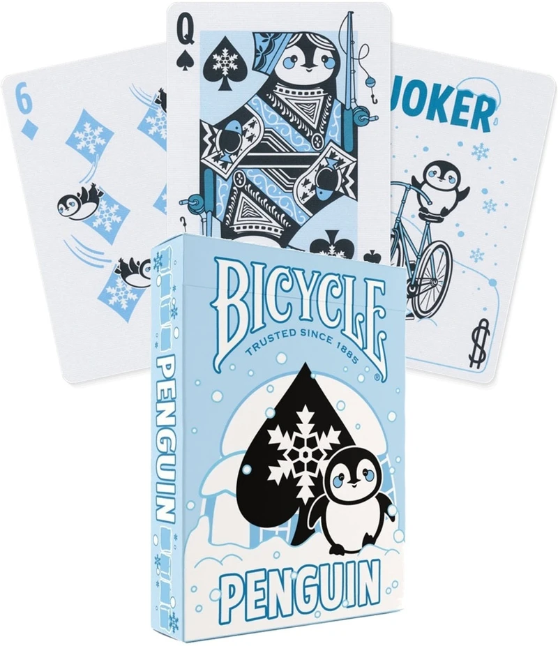 Bicycle Penguin žaidimo kortos su pingvinų iliustracijomis