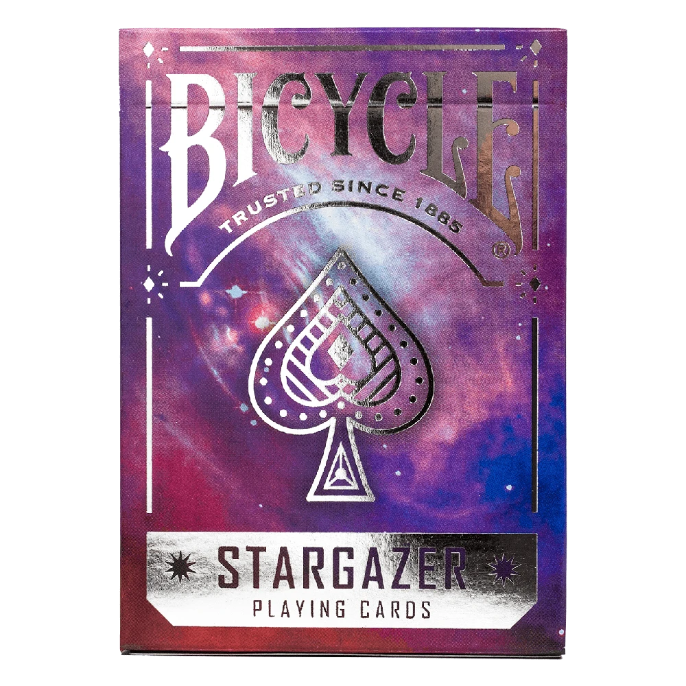 Bicycle Stargazer 201 purpurinės kortos – kosminis dizainas, pokeriui ir triukams