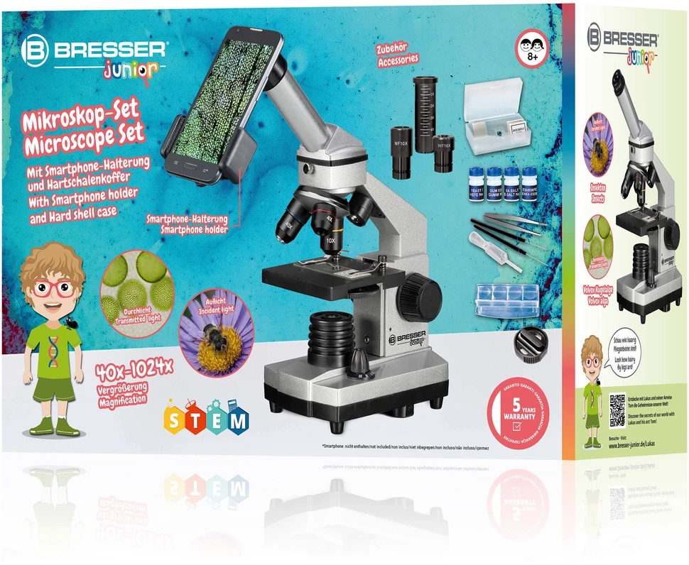 Mikroskopas Bresser Junior Biolux CA 40X-1024X su eksperimentiniu rinkiniu ir išmaniojo te