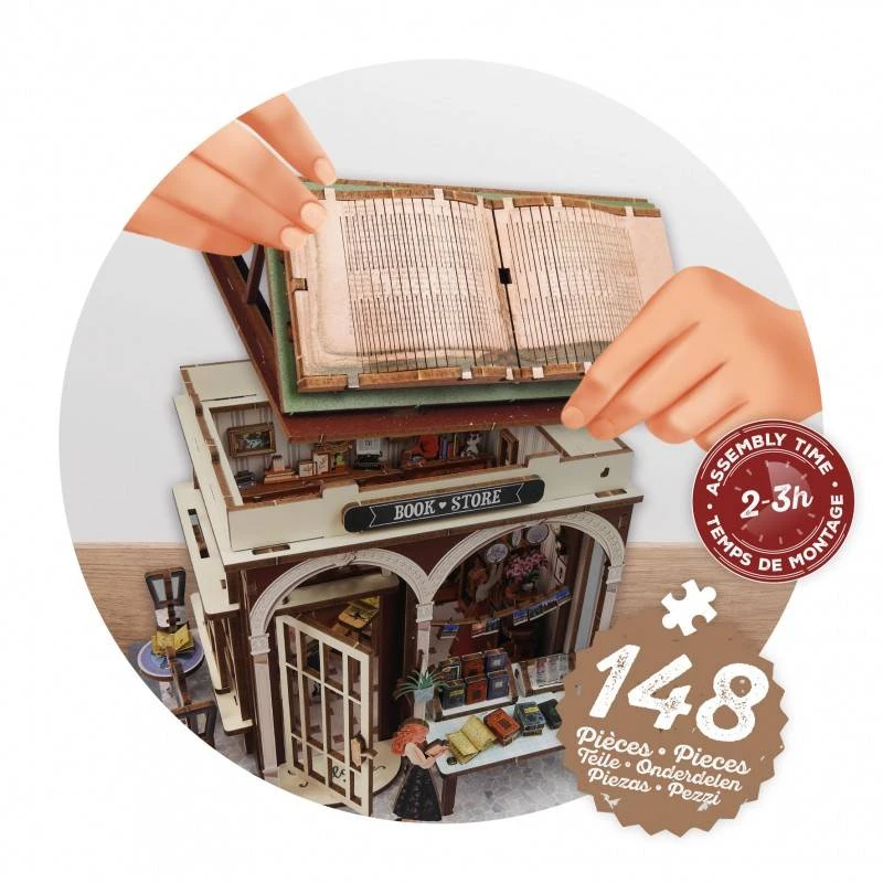 Buki France Miniatiūrinis knygynas – medinė 3D diorama dėlionė su LED, 148 det.