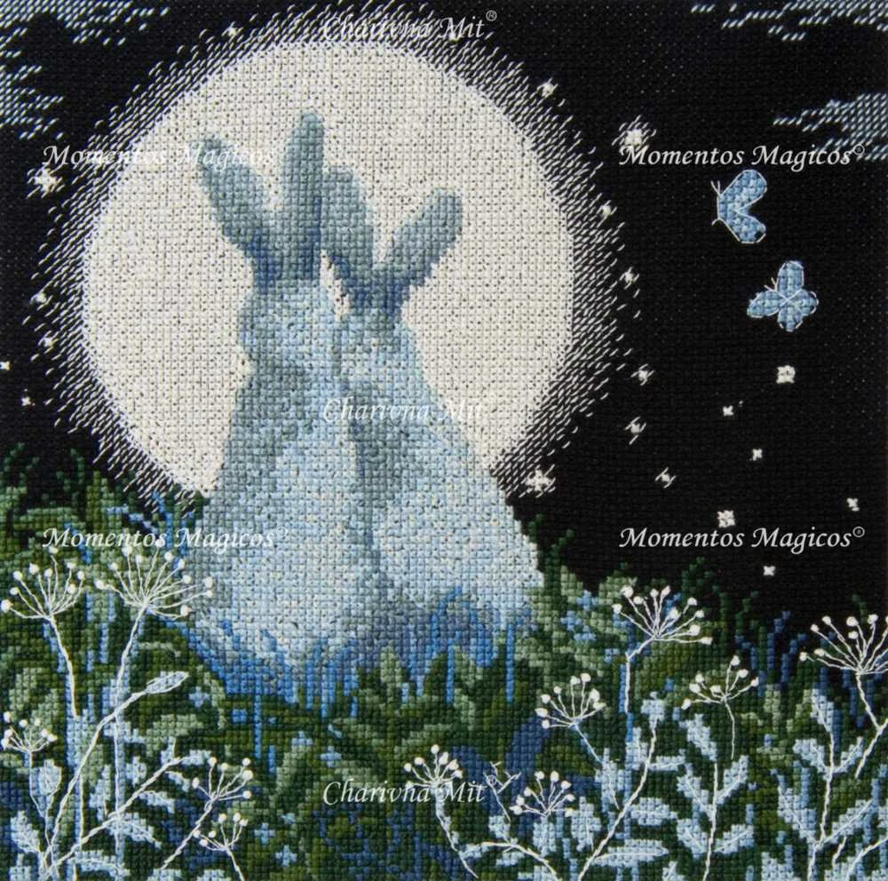 Charivna Mit Siuvinėjimo kryželiu rinkinys „Mėnulio kiškiai“, juodas Aida 16, 18×18 cm