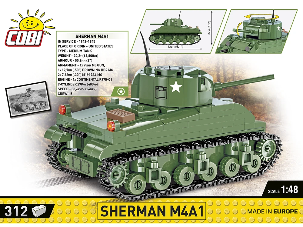 COBI konstruktorius Sherman M4A1 tankas 1:48, 312 detalių (2715)