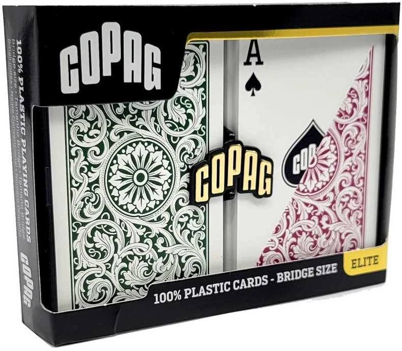 Copag 100% plastikinės kortos, 2 kaladės, bridžo dydis, burgundiška ir žalia