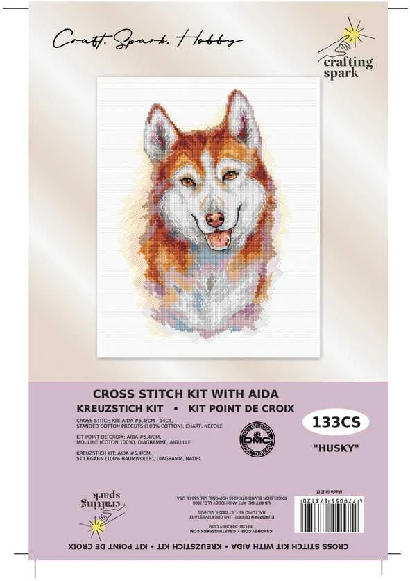 Crafting Spark Husky siuvinėjimo kryželiu rinkinys, Aida 16 ct, DMC siūlai, 17x25 cm