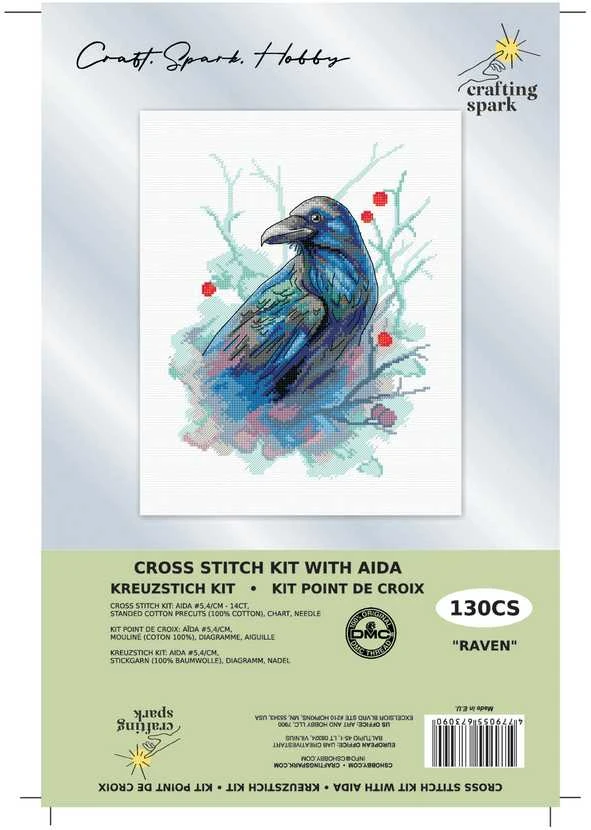 Crafting Spark Raven siuvinėjimo kryželiu rinkinys, 16 ct Aida, 22 spalvos, 18x23 cm