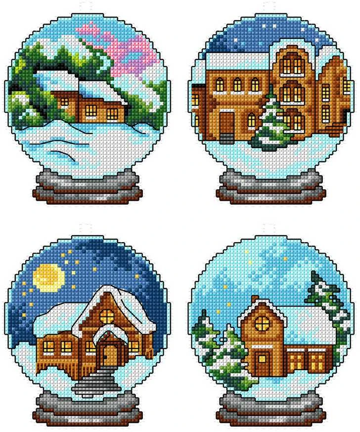 Crafting Spark Siuvinėjimo kryželiu rinkinys Žiemos namai kamuoliukuose, 14ct plastikinė kanva