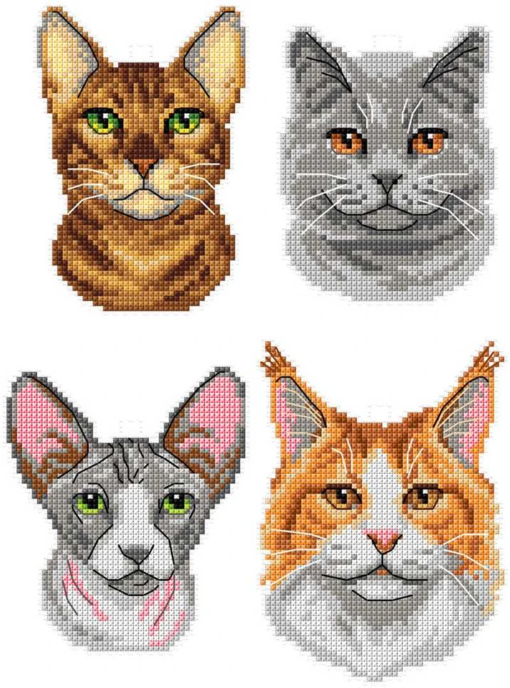 Crafting Spark Siuvinėjimo kryželiu rinkinys su katėmis, plastikinė drobė 14 ct, 4 dizainai