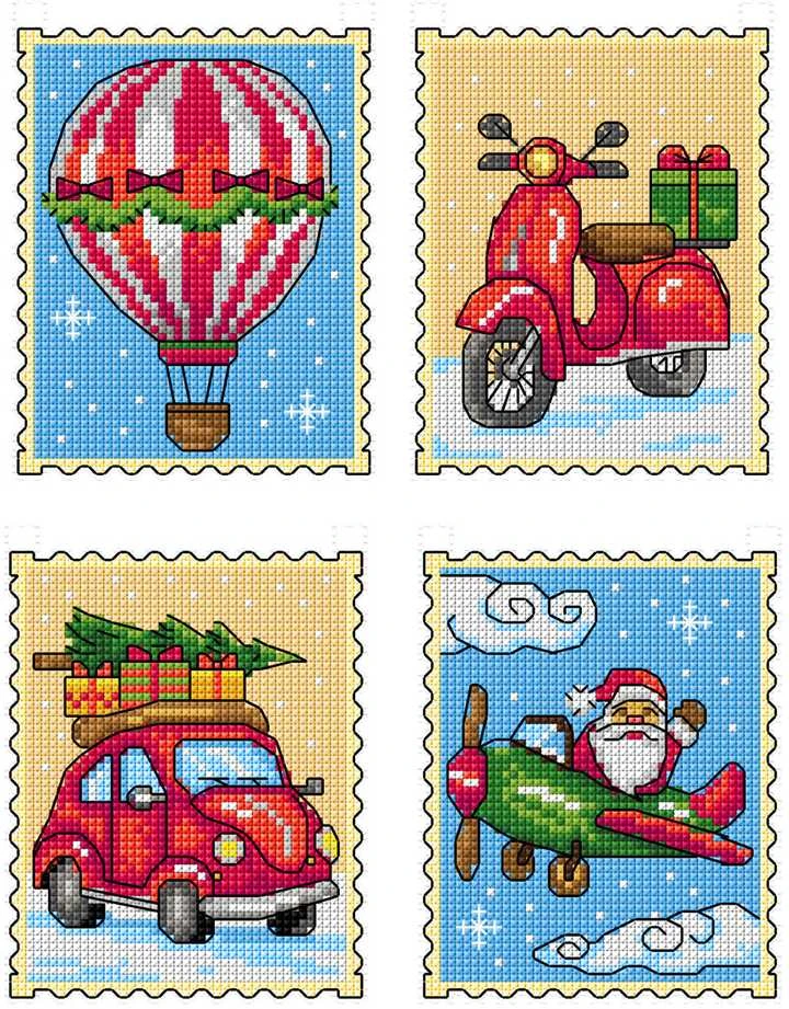Crafting Spark Siuvinėjimo kryželiu rinkinys Kalėdinis transportas, 14ct plastikinė kanva