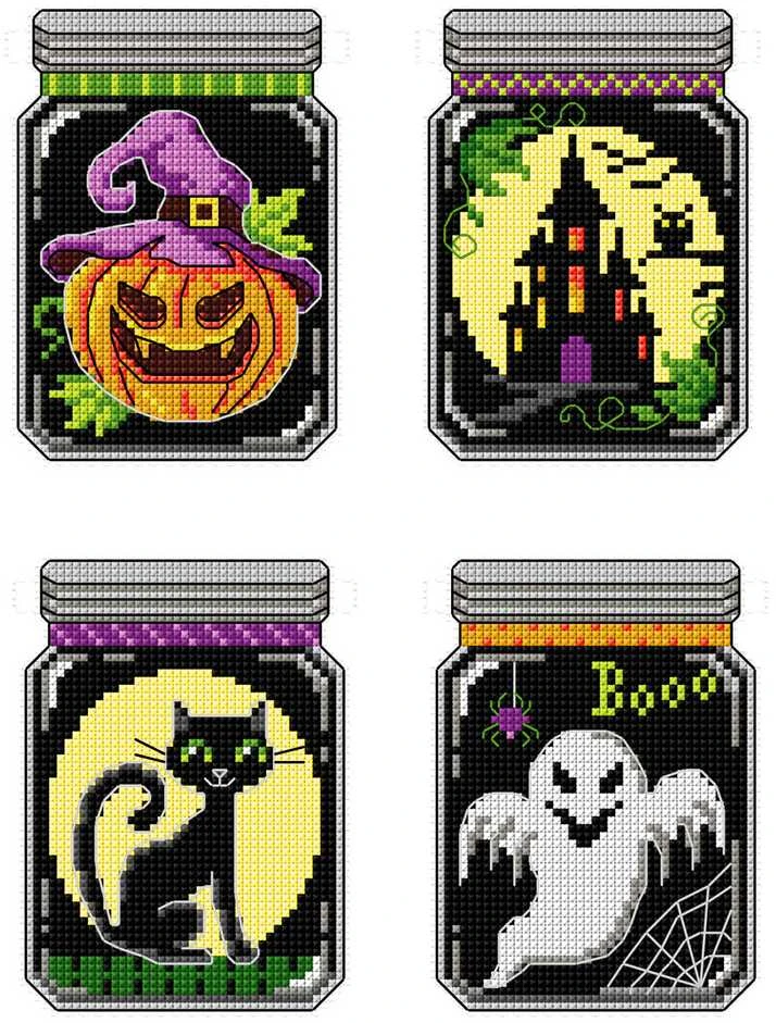 Crafting Spark Siuvinėjimo kryželiu rinkinys Helovino ąsočiai, balta 14ct plastikinė kanva