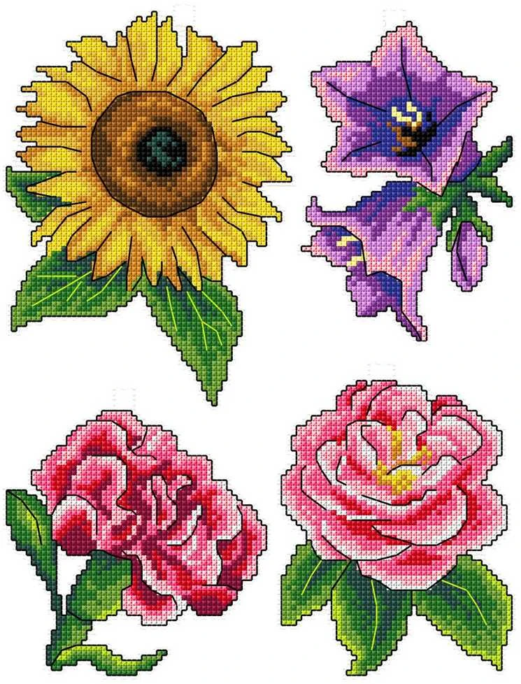 Crafting Spark Siuvinėjimo kryželiu rinkinys „Gėlės“ – plastikinė kanva, 14 ct, 19 spalvų