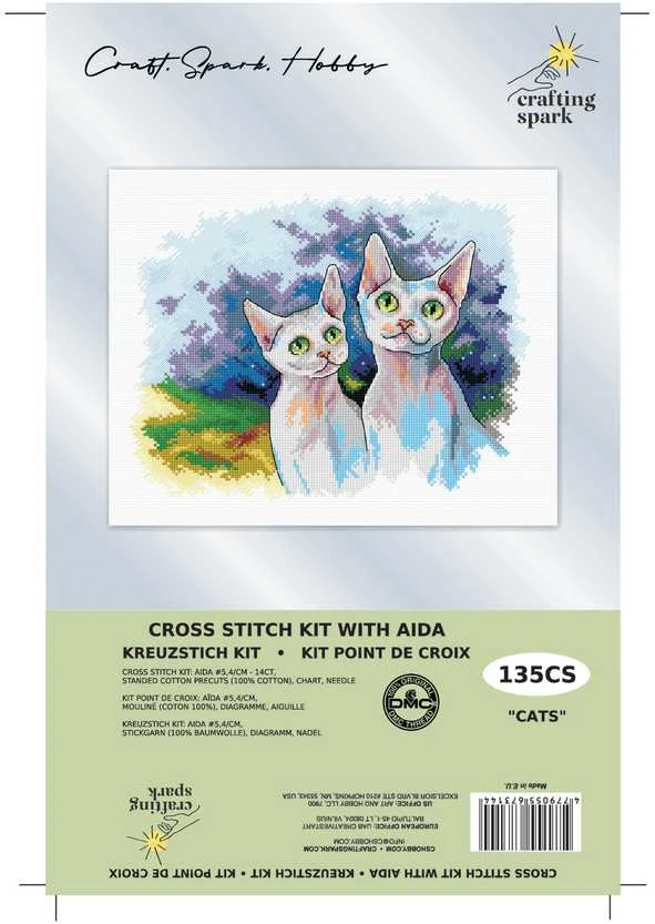 Crafting Spark Siuvinėjimo kryželiu rinkinys Katės, Aida 16 ct, DMC, 19×24 cm