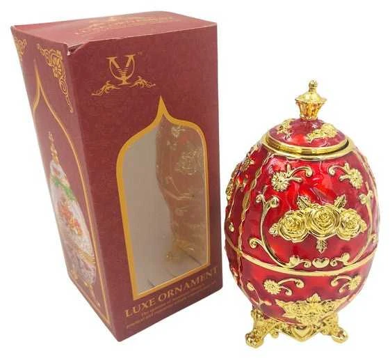 Deco Gifts Raudonas auksinis Fabergé kiaušinis su rožių motyvu – elegantiška dovana