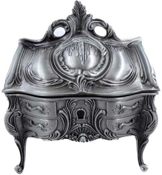 Deco Gifts Sidabrinė metalinė papuošalų dėžutė su dekoru – elegantiška dovana
