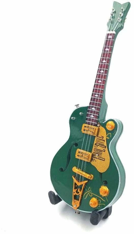 Indominiguitars Mini medinė gitara 15 cm, rankomis dažyta, Bono stilius, su stovu, 1:6 mastelis