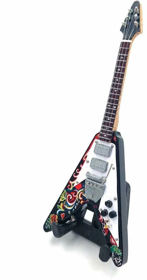 Indominiguitars Mini medinė gitara 15 cm, įkvėpta Jimi Hendrix – kolekcinė su stovu