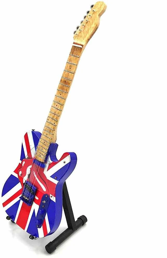 Deco Gifts Rolling Stones mini gitara 1:4 – rankų darbo, kolekcinė, su stovu, fanams