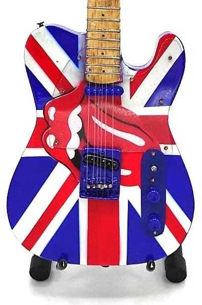 Deco Gifts Rolling Stones mini gitara 1:4 – rankų darbo, kolekcinė, su stovu, fanams
