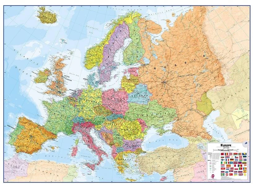 Craenen Bvba Europos politinis sieninis žemėlapis 100x139 cm, laminuotas, su vėliavomis