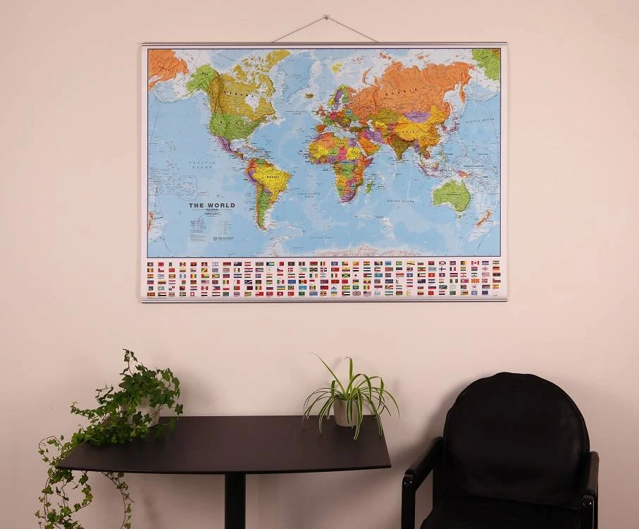 Dėlionė Craenen Bvba Laminuotas pasaulio politinis žemėlapis 136x100 cm su laikikliais, vėliavos