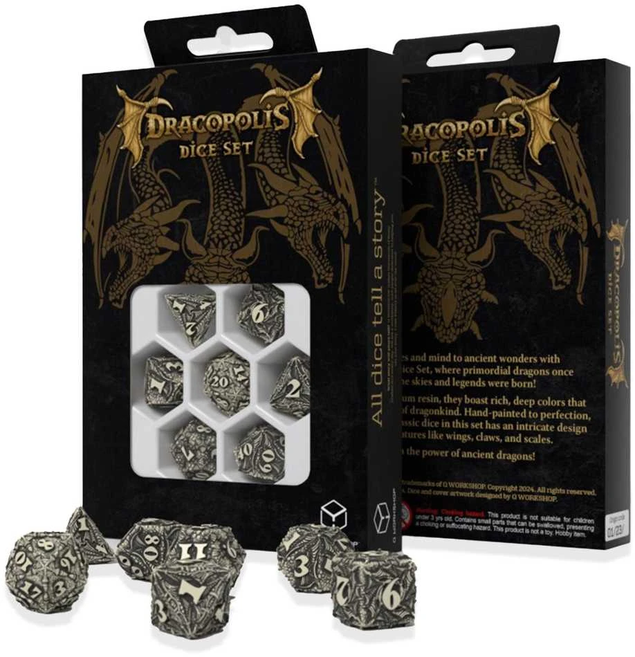 Q Workshop Žaidimų Kauliukų Rinkinys - Dracopolis Scandinavian Blackfang 7 Kauliukai Smėlio Spalvos
