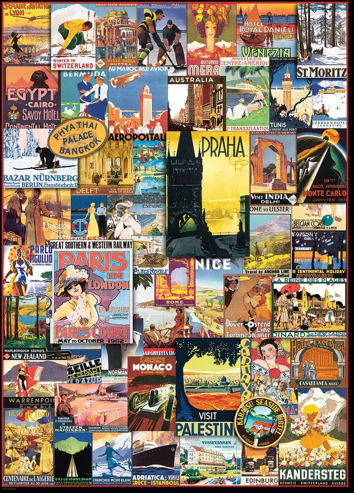 Eurographics 1000 dalių dėlionė „Kelionė aplink pasaulį“ – vintažiniai plakatai 49×67 cm