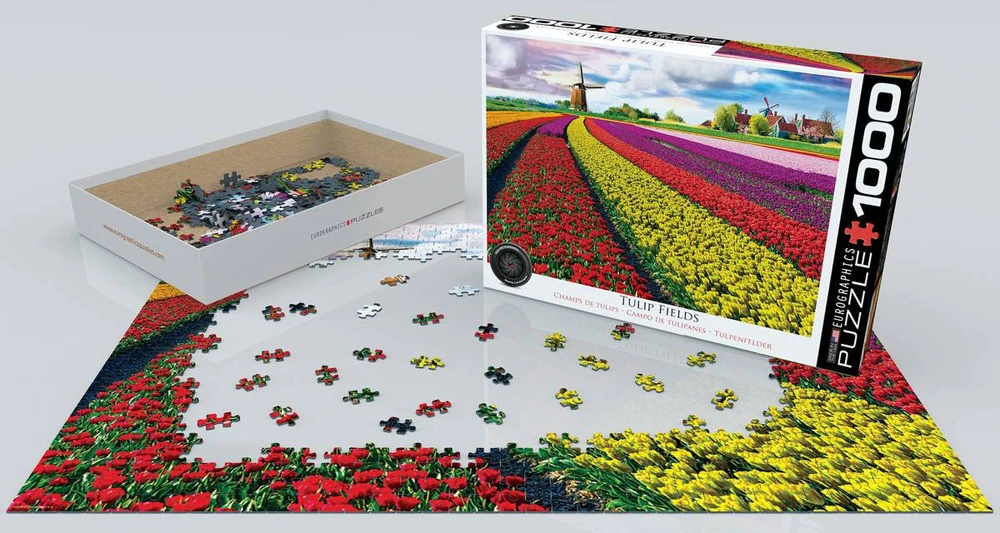 Tulip Eurographics 1000 detalių dėlionė „Tulpių laukai“ 67×49 cm – ryškus pavasario peizažas