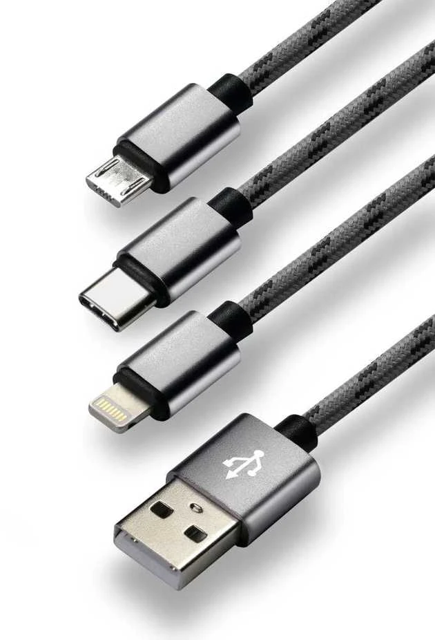 everActive pintas USB 2.4A 1.2m kabelis trys-viename micro-USB, USB-C ir Lightning