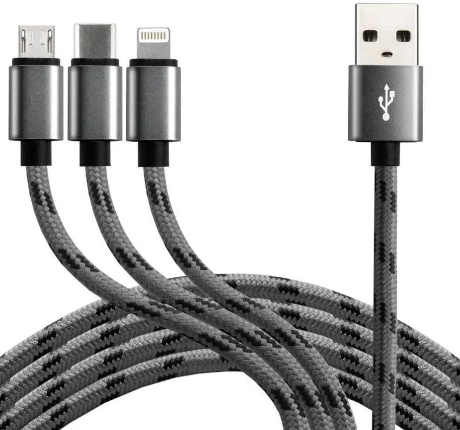 everActive pintas USB 2.4A 1.2m kabelis trys-viename micro-USB, USB-C ir Lightning