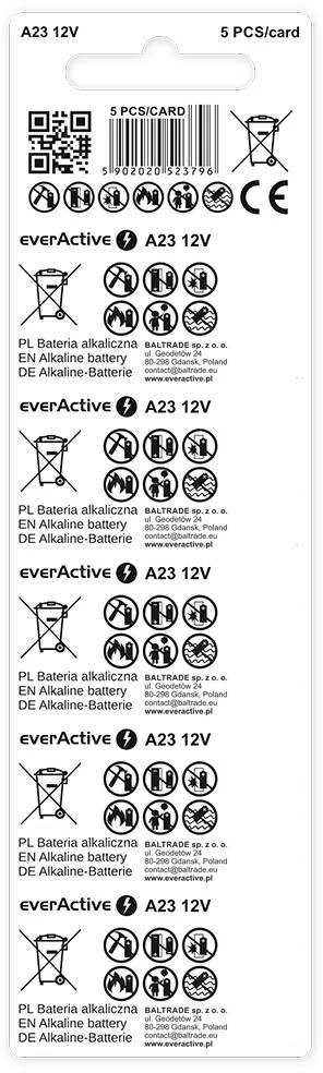 EverActive A23 12V šarminės baterijos nuotolinio valdymo pultams 5 vnt