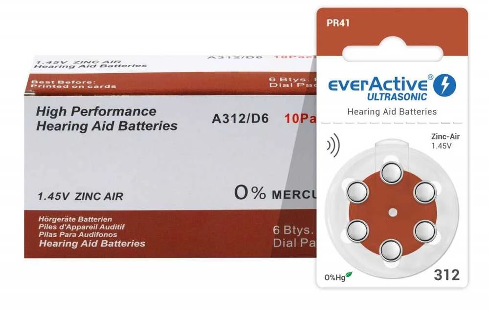 Everactive Ultrasonic 312 PR41 klausos aparatų baterijos, 60 vnt.