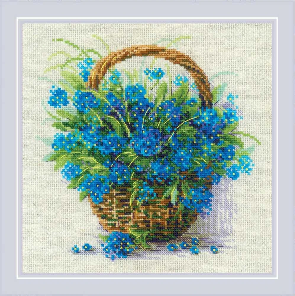 Riolis Kryželiu siuvinėjimo rinkinys "Neužmirštuolės krepšelyje" 22x22 cm SR2170