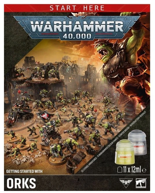 Games Workshop Warhammer 40,000 Orkų startinis rinkinys – miniatiūros, dažai, teptukas