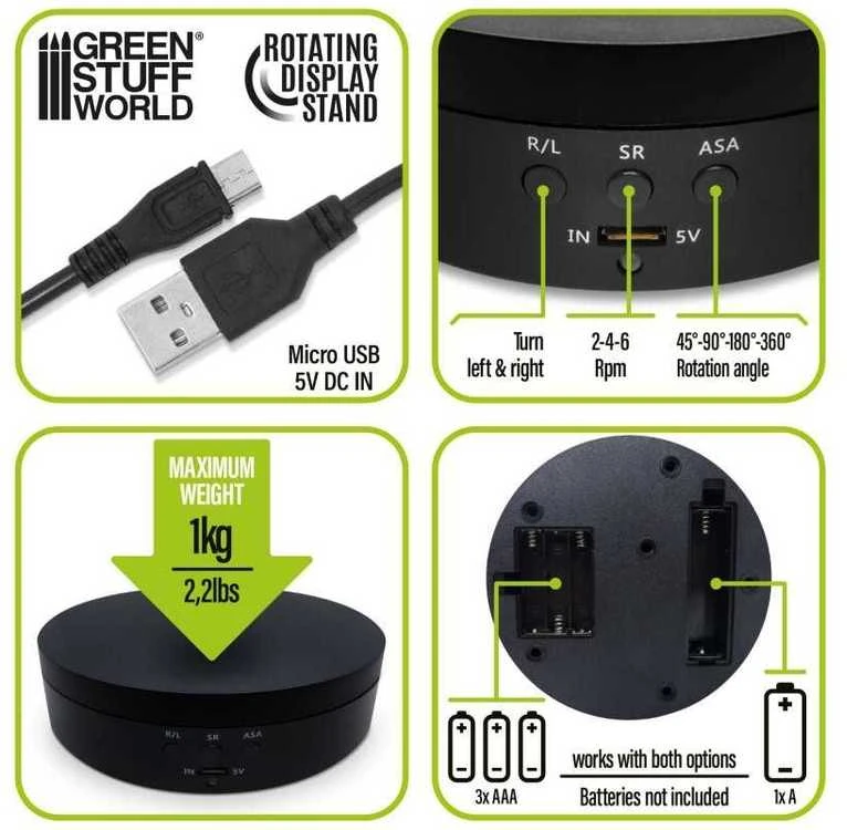 Green Stuff World Žalias Stuff World 136 mm sukamasis ekspozicinis padas, USB/baterijos, juodas 360° (Ekspozicinė prekė)