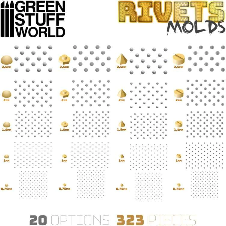 Green Stuff World Žalias Stuff World Žalias Stuff World kniedžių silikoninės formos, 2 vnt., 5 dydžiai