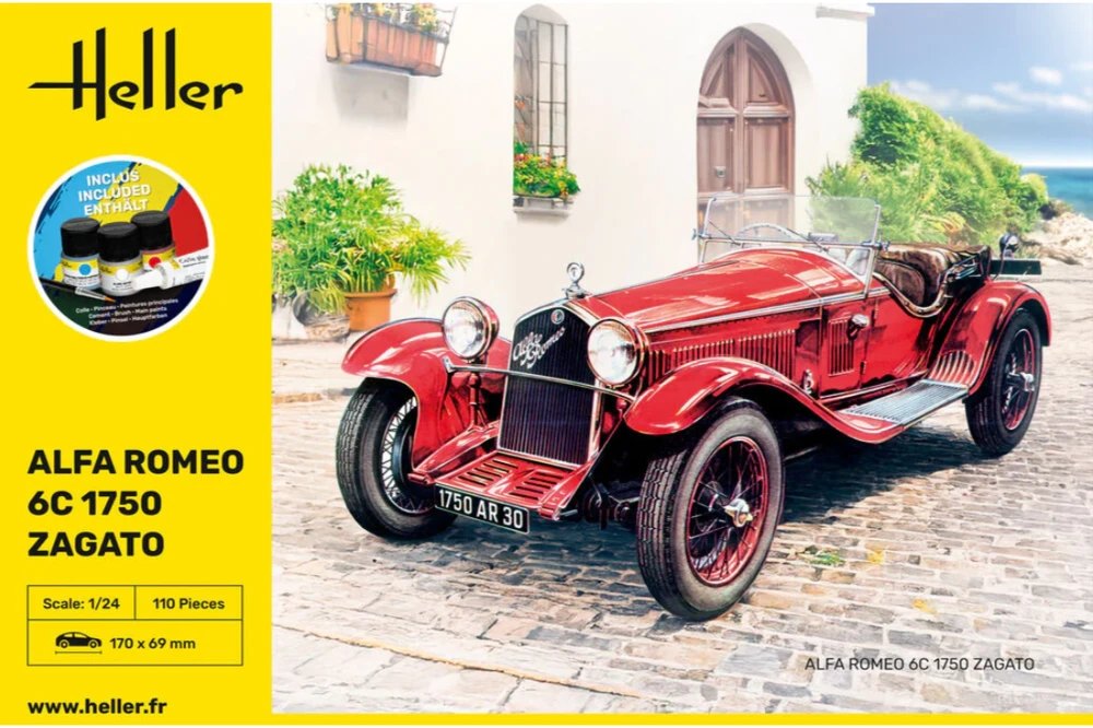 Heller Alfa Romeo 6C 1750 Zagato modelio rinkinys 1/24 su dažais ir klijais