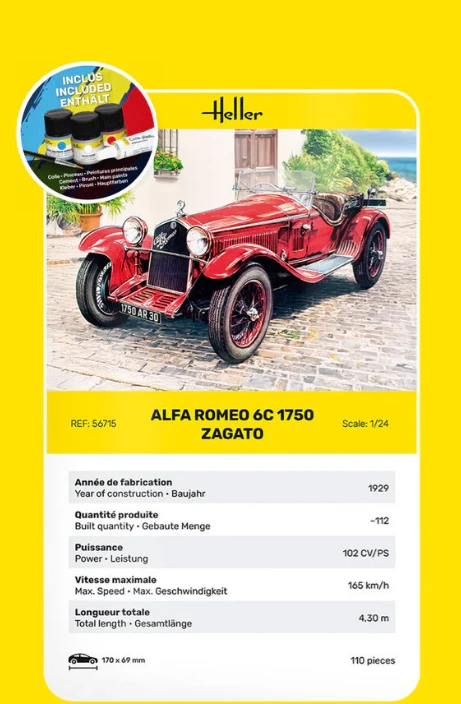 Heller Alfa Romeo 6C 1750 Zagato modelio rinkinys 1/24 su dažais ir klijais