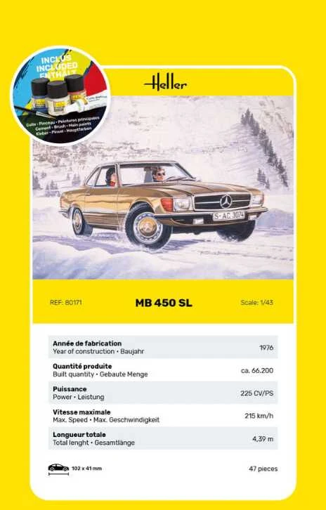 Heller Mercedes-Benz 450 SL rinkinys 1/43 su dažais ir klijais