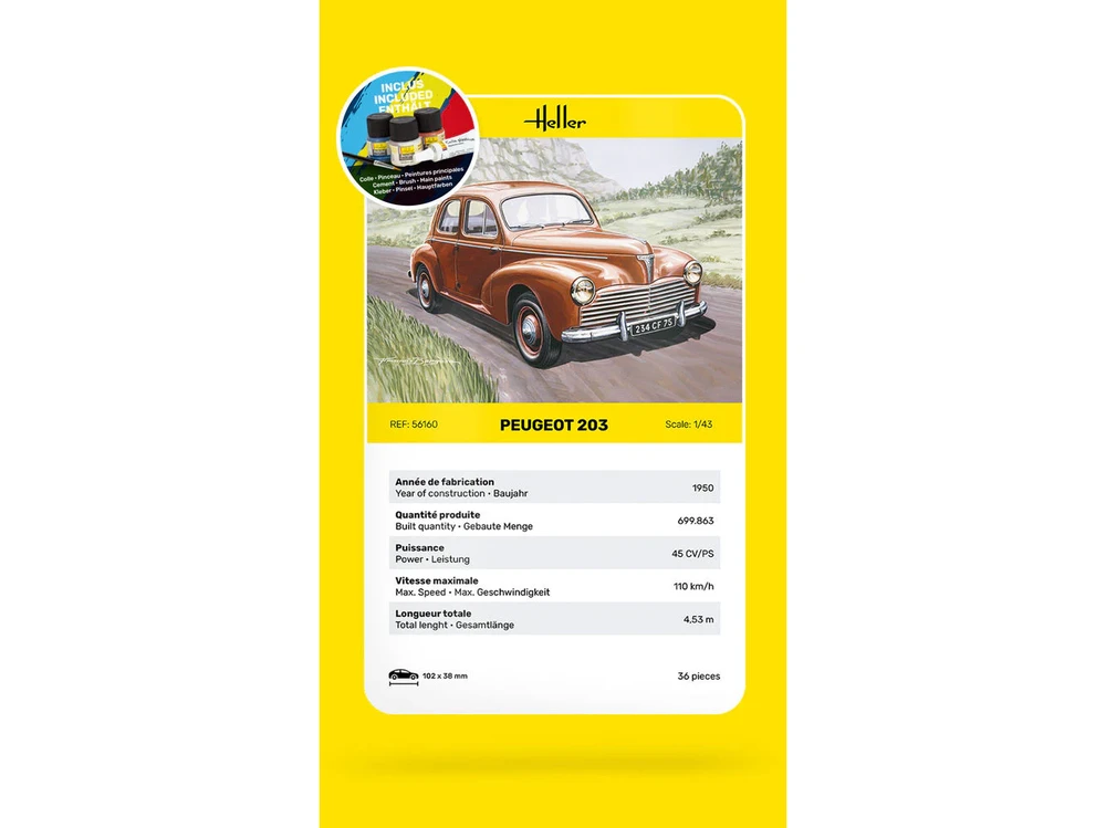 Heller Peugeot 203 surinkimo rinkinys 1:43 su dažais ir klijais