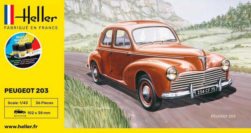 Heller Peugeot 203 surinkimo rinkinys 1:43 su dažais ir klijais