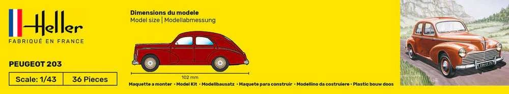 Heller Peugeot 203 surinkimo rinkinys 1:43 su dažais ir klijais