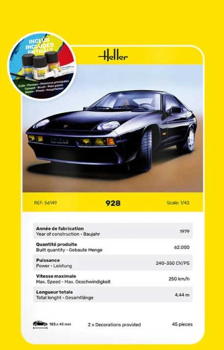Heller Porsche 928 dovanų rinkinys 1:43 – plastikinis surenkamas su dažais