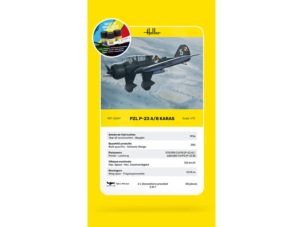 Heller PZL P-23A/B Karas 1/72 plastikinis modelio dovanų rinkinys