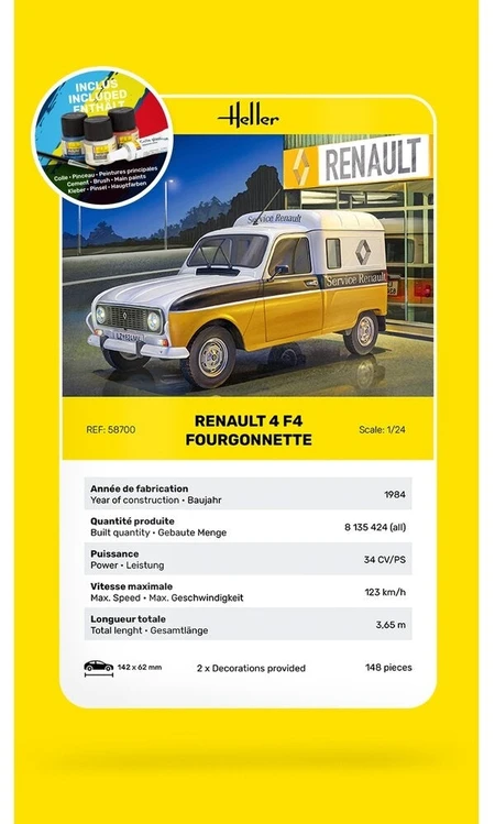 Heller Renault 4 F4 Fourgonnette dovanų rinkinys su dažais, 1/24, 58700