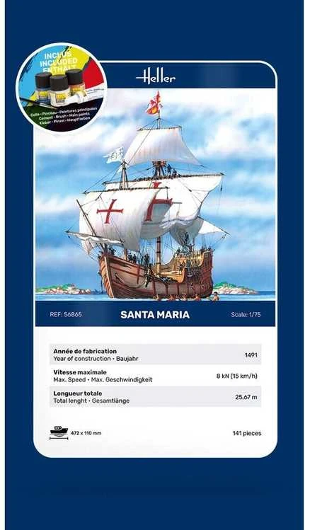 Heller Santa Maria laivo modelio dovanų komplektas 1/75 su dažais ir klijais